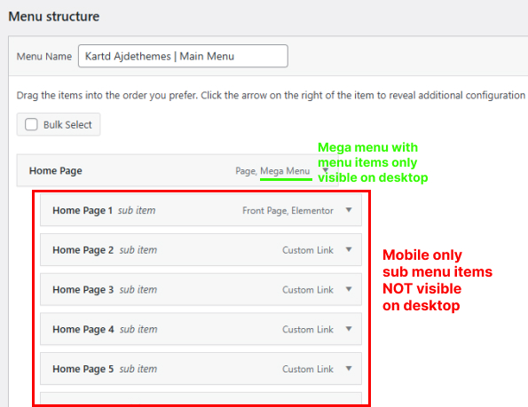 Mobile menu items when there is mega menu