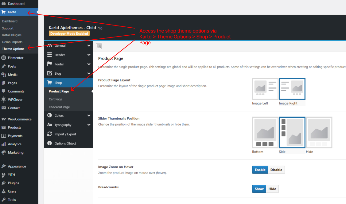 Product page - theme options