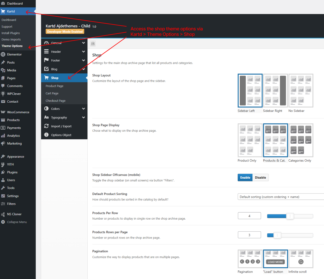 Shop page - theme options