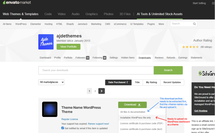 How to download purchased theme from themeforest.net